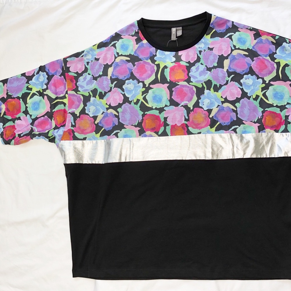 ASOS Floral Oversized Tee Silver Striped Size XL